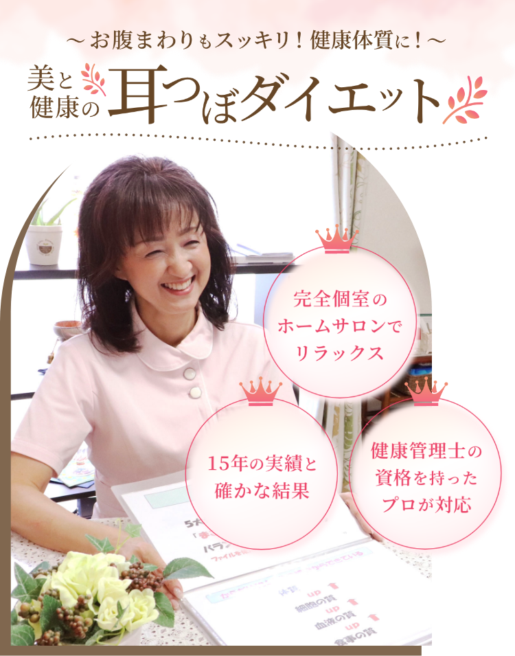 お腹まわりもスッキリ！健康体質に！ 美と健康の耳つぼダイエット 完全個室のホームサロンでリラックス 15年の実績と確かな結果 健康管理士の資格を持ったプロが対応